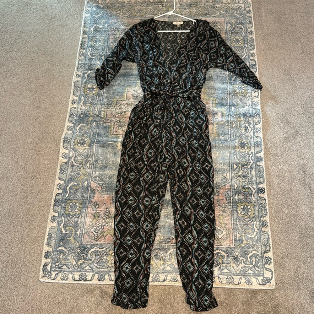 Anthropologie Elevenses print v-neck jumpsuit with tie waist